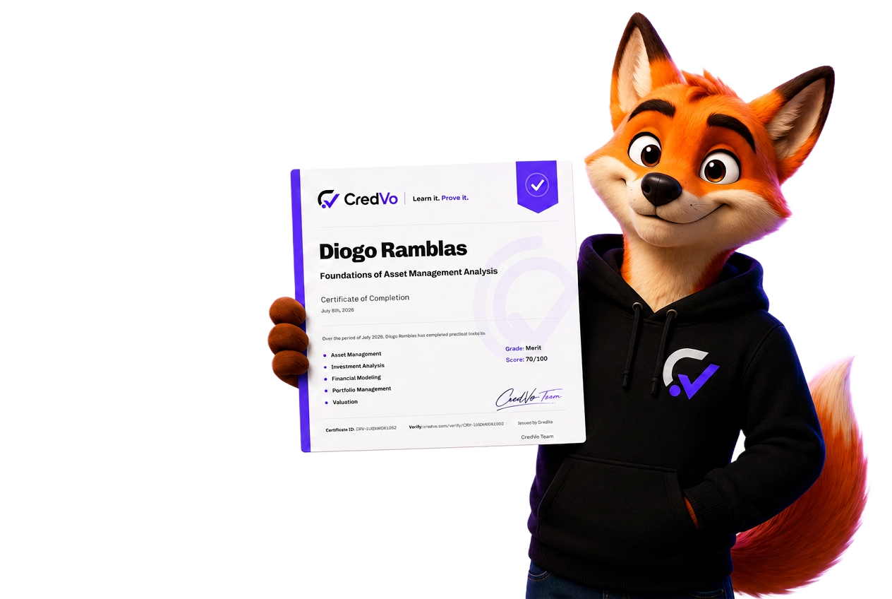 CredVo fox mascot holding a certificate